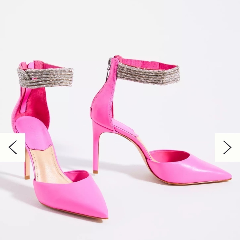 SCHUTZ Linara Neon Pink Leather Crystal Heels 5.5